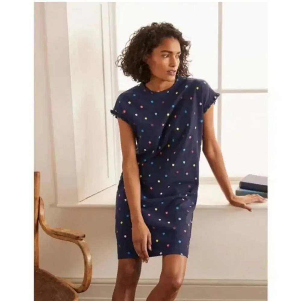 Boden Faye Navy Blue Ruffle Trim Multi Colored Polka Dot T Shirt Dress 12R J0900 - Picture 13 of 13